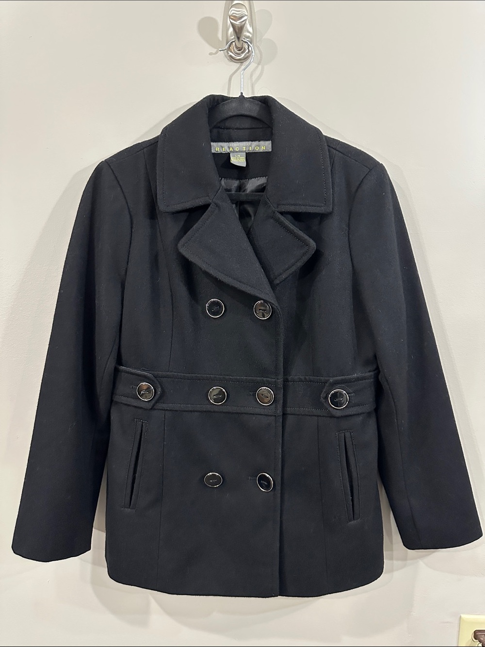 Women’s Kenneth Cole Reaction Black Wool-Blend Pea Coat, Size L